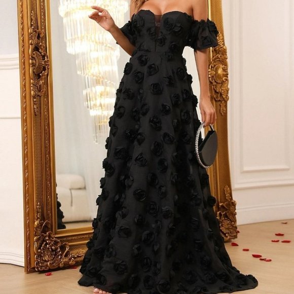 . Dresses & Skirts - Off Shoulder Butterfly Sleeve Applique maxi Dress - black
